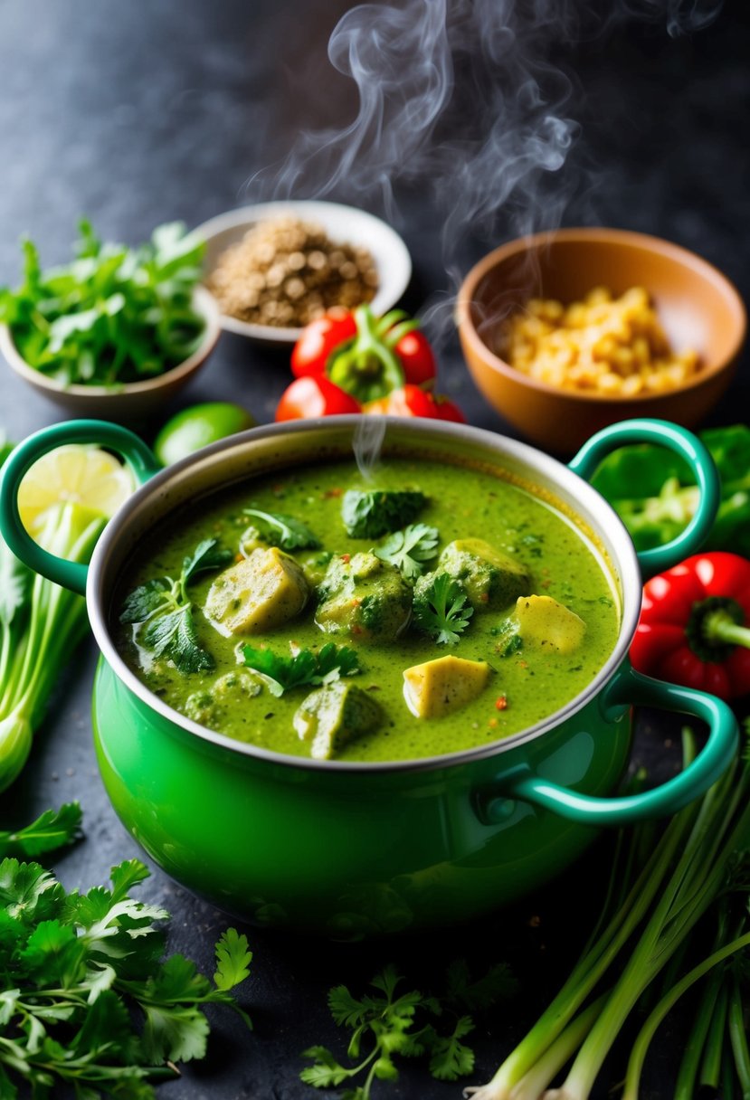 A steaming pot of green curry surrounded by vibrant, fresh vegetables and aromatic herbs