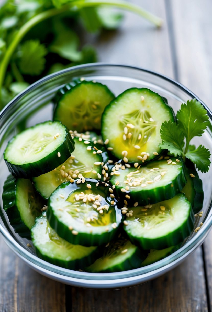 A glass bowl filled with sliced cucumbers, drizzled with Chinkiang vinegar, and garnished with sesame seeds and cilantro