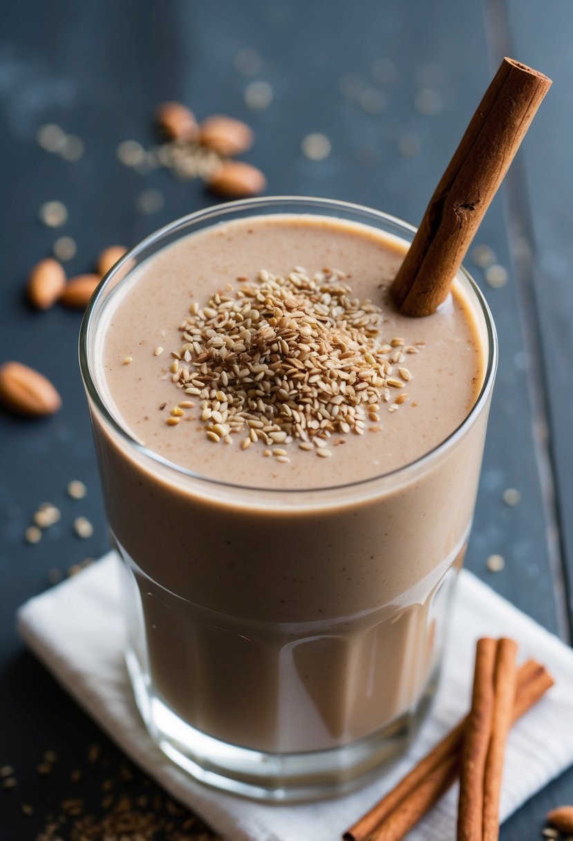 A glass filled with a creamy, light brown smoothie topped with a sprinkle of ground flax seeds and a stick of cinnamon