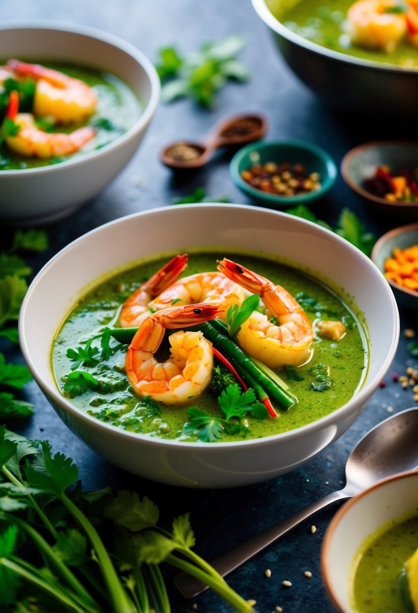 A steaming bowl of spicy Thai green curry with shrimp, surrounded by vibrant green herbs and colorful spices