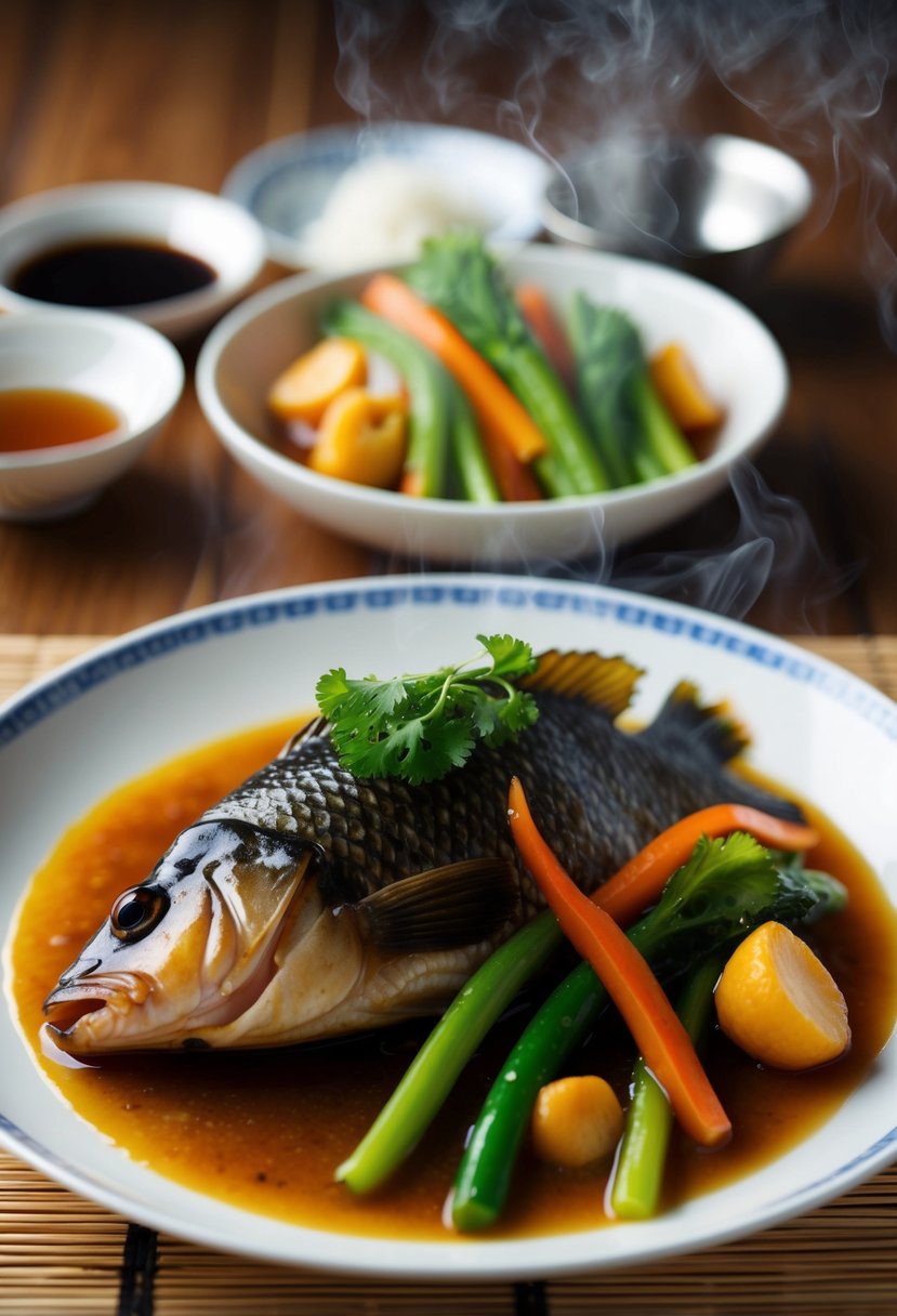 A steaming plate of Sweet and Sour Chinkiang Vinegar Fish with colorful vegetables and a glossy, tangy sauce