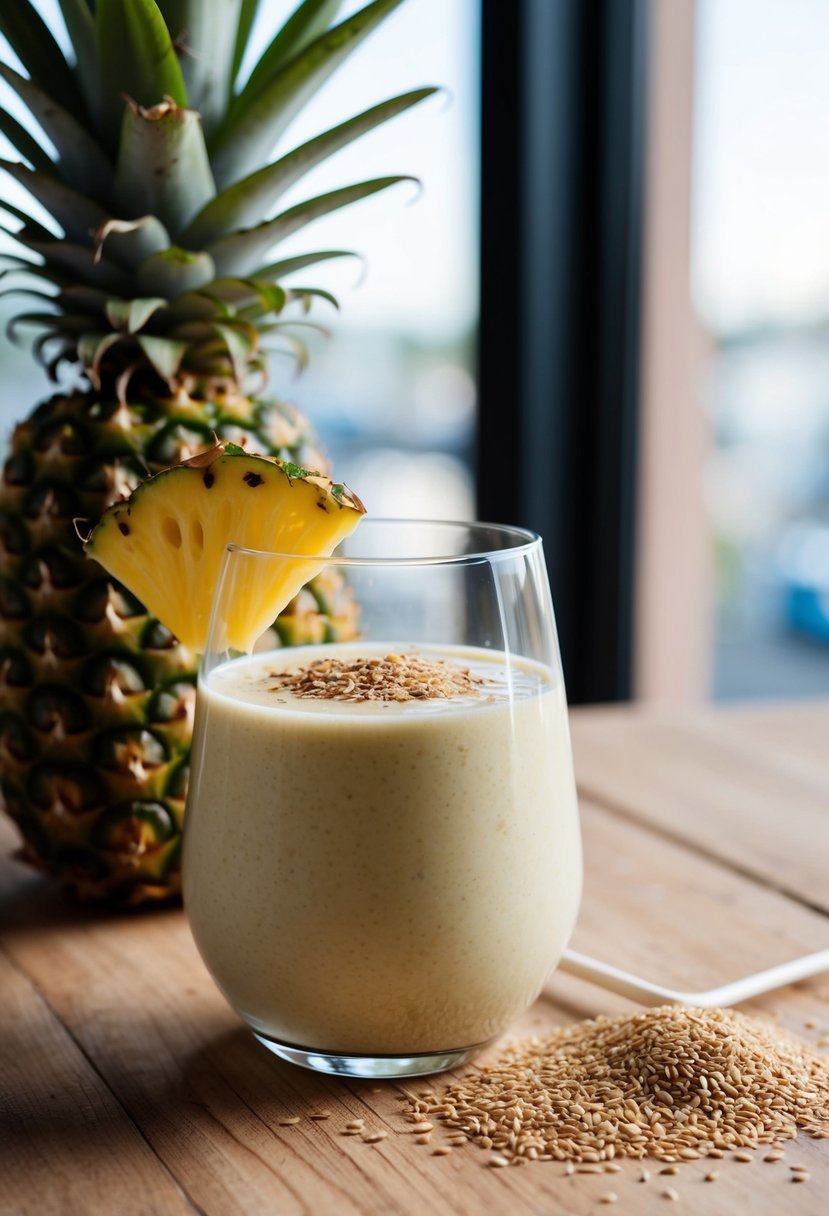 A glass filled with a pineapple, flax, and coconut smoothie, with a sprinkle of ground flax seeds on top