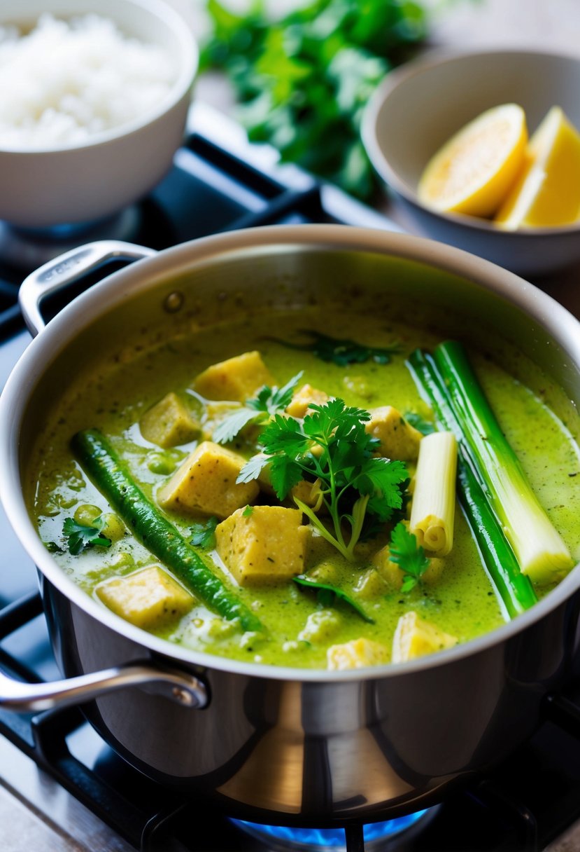 A bubbling pot of Thai green curry with coconut milk, lemongrass, and fresh herbs simmering on a stove