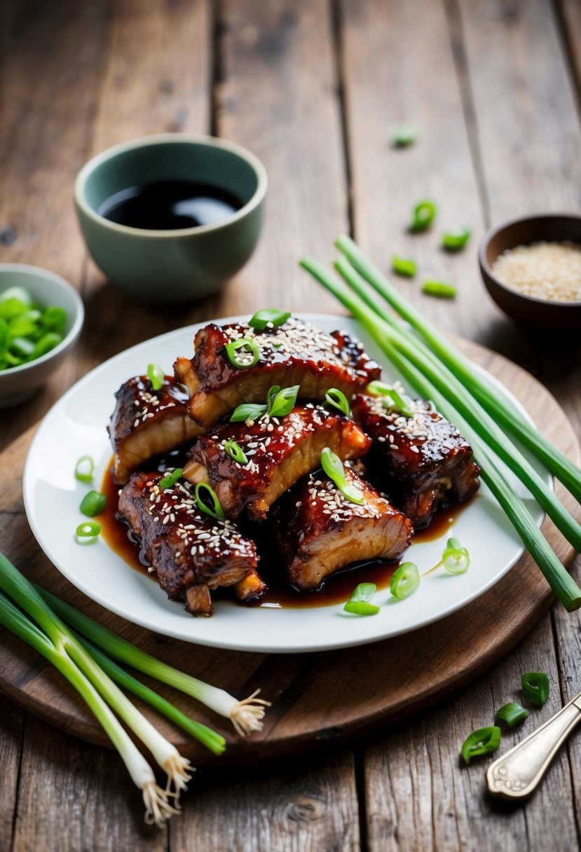 A plate of Chinkiang vinegar glazed ribs, garnished with sesame seeds and green onions, sits on a rustic wooden table