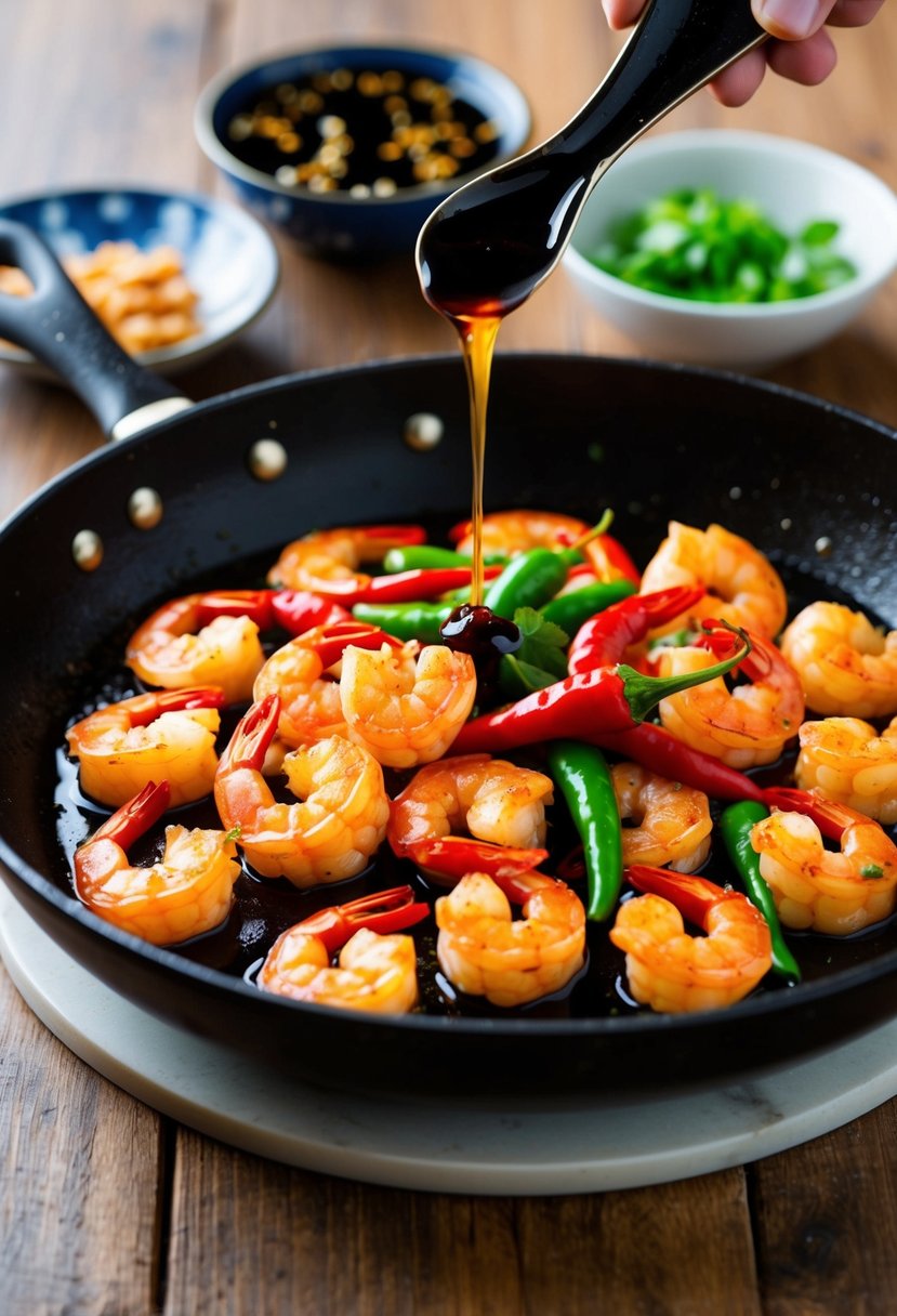 A sizzling skillet of Spicy Chinkiang Vinegar Shrimp with vibrant red chili peppers and a drizzle of dark vinegar