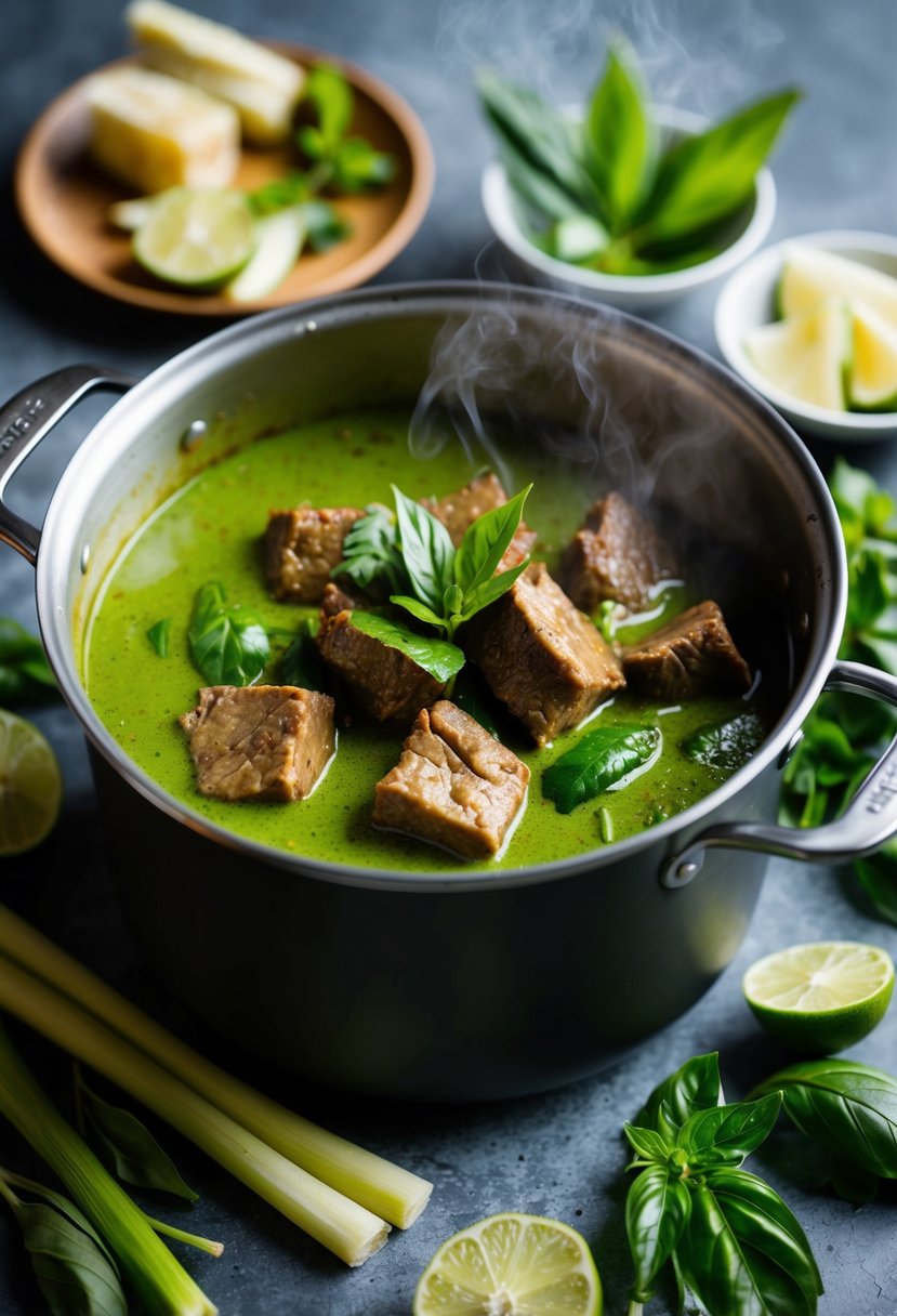 A steaming pot of Thai green curry with beef, surrounded by fresh ingredients like lemongrass, Thai basil, and kaffir lime leaves