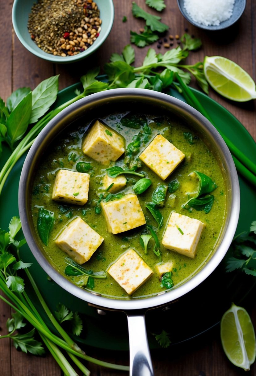 A bubbling pot of Thai green curry with chunks of tofu, surrounded by vibrant green herbs and spices