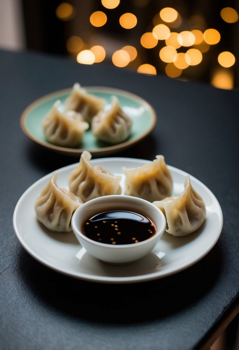 A small dish of Chinkiang vinegar dipping sauce next to a plate of dumplings