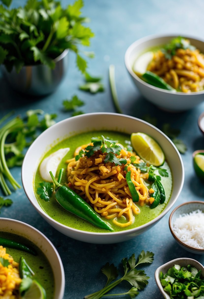 A steaming bowl of Thai green curry noodles, surrounded by vibrant green curry paste, coconut milk, and fresh herbs