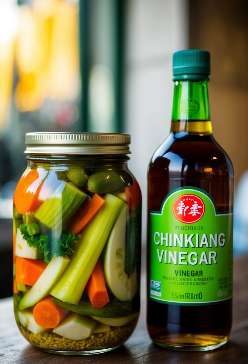 A jar of pickled vegetables sits next to a bottle of Chinkiang vinegar, with various vegetables visible inside