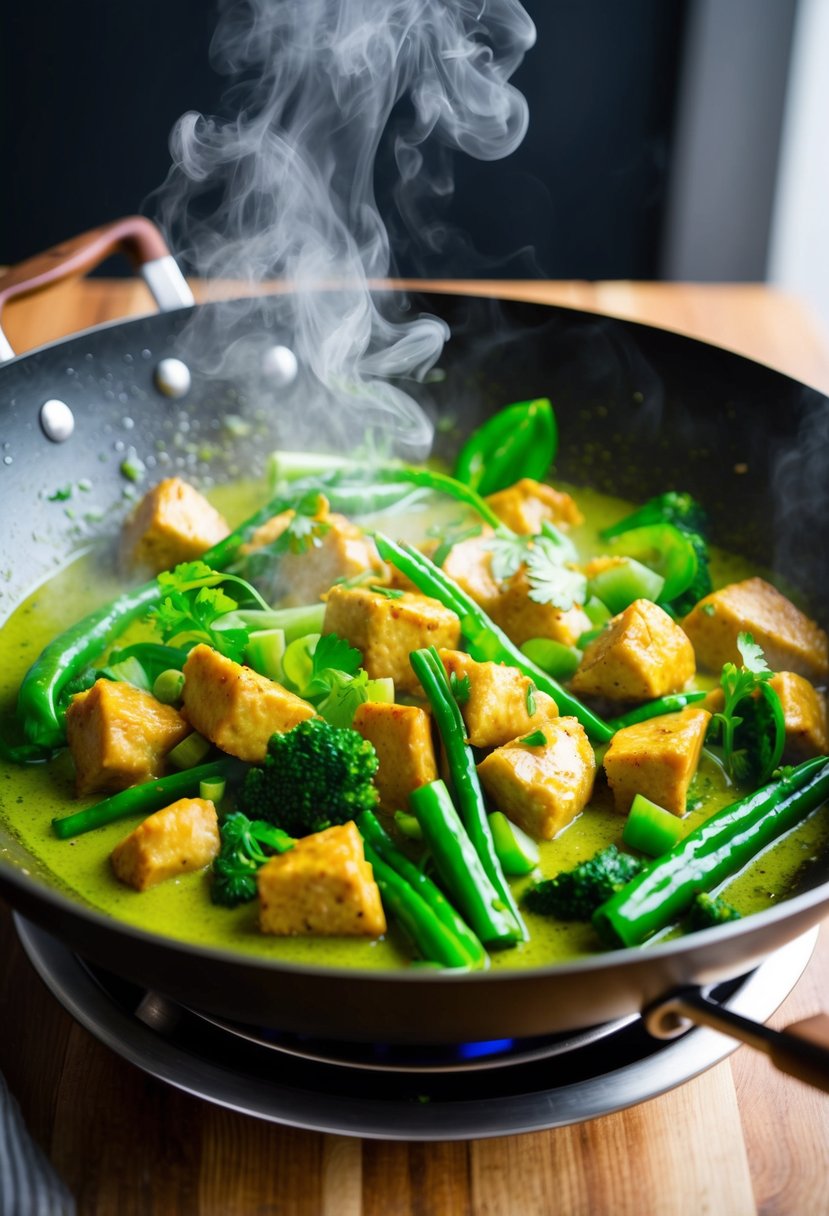 A steaming wok sizzles with chunks of chicken, vibrant green vegetables, and aromatic Thai green curry sauce. A cloud of fragrant steam rises from the pan