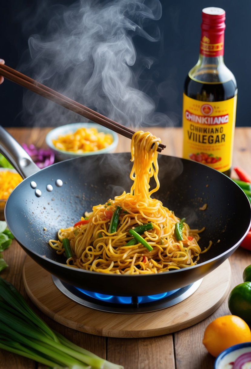 A steaming wok sizzles with Chinkiang vinegar fried noodles, surrounded by colorful ingredients and a bottle of Chinkiang vinegar