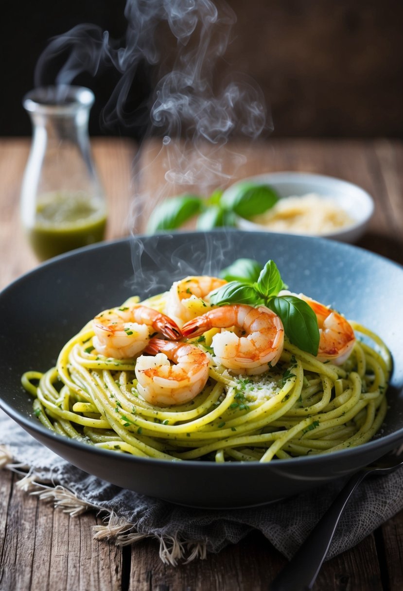 A steaming bowl of pesto pasta with succulent shrimp, garnished with fresh basil and a sprinkle of parmesan, sits on a rustic wooden table