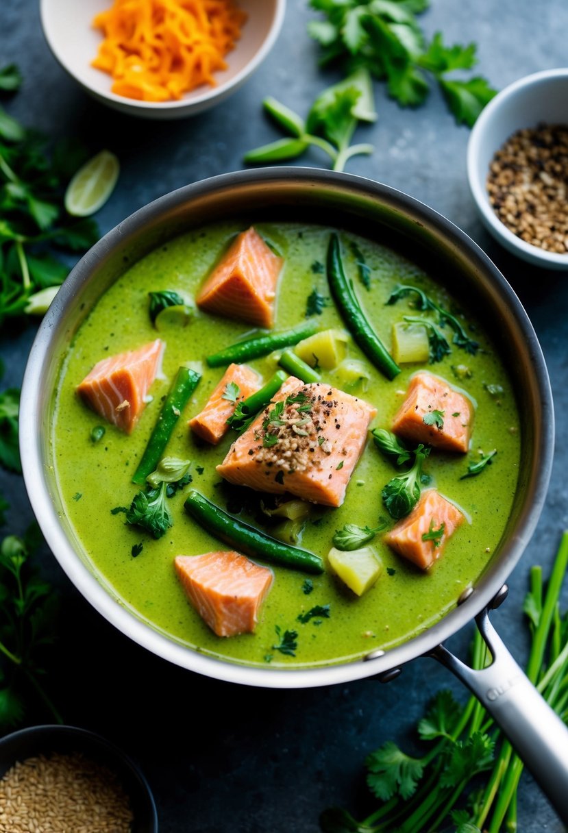 A steaming pot of creamy Thai green curry with chunks of salmon, surrounded by vibrant green herbs and spices