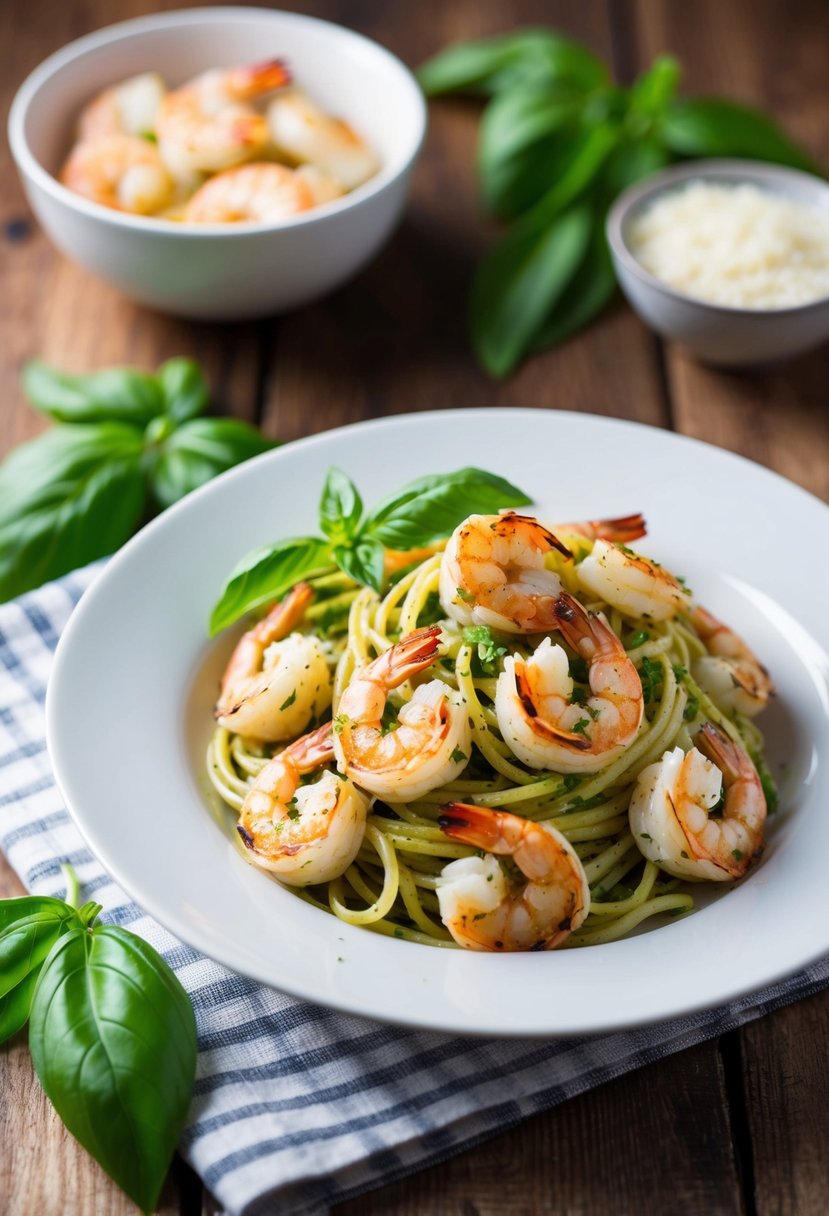 A bowl of classic pesto shrimp pasta with fresh basil leaves and grilled shrimp on a white plate