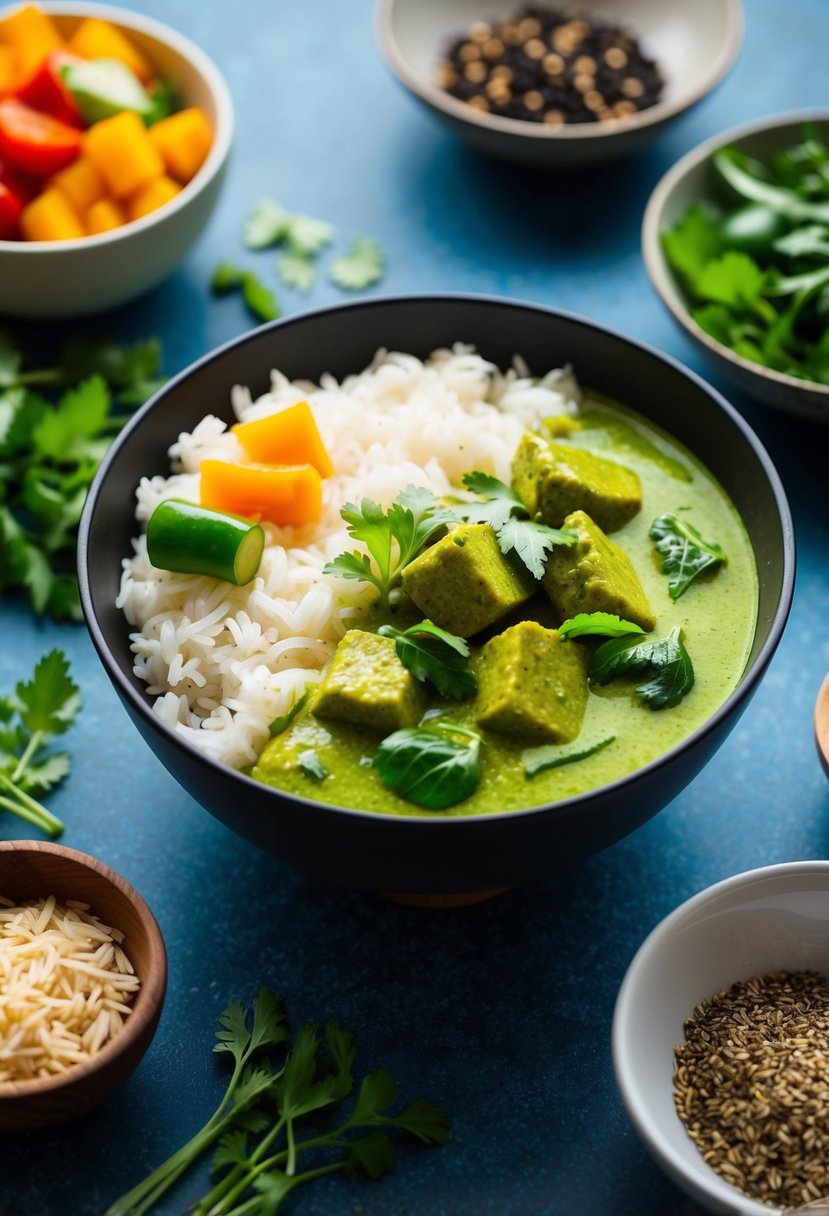 A colorful rice bowl with Thai green curry, surrounded by ingredients like vegetables, herbs, and spices