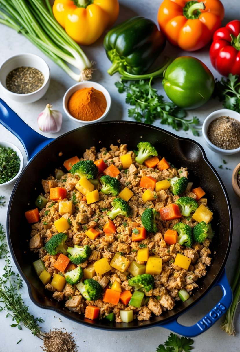 A colorful array of fresh vegetables and ground chicken sizzling in a skillet, surrounded by various herbs and spices