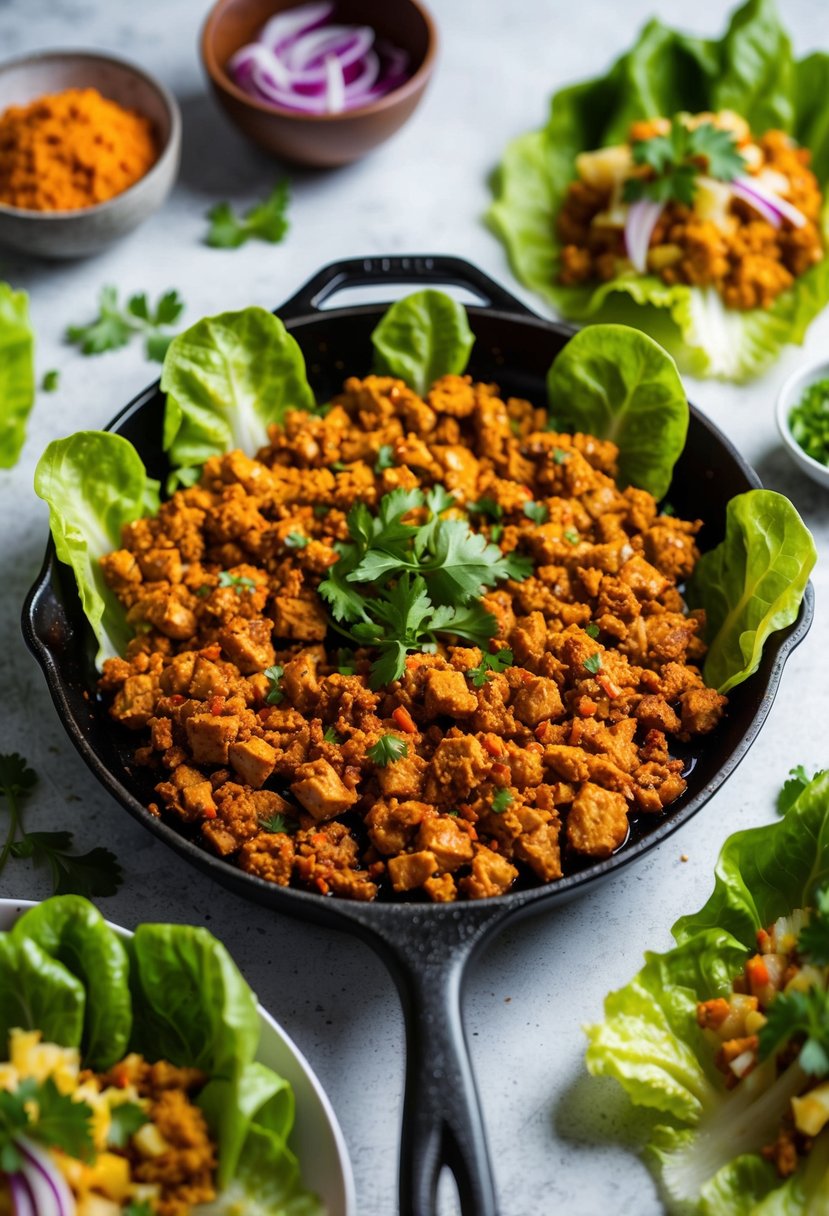 A sizzling skillet of spicy ground chicken surrounded by fresh lettuce leaves and vibrant ingredients, ready to be assembled into healthy lettuce wraps