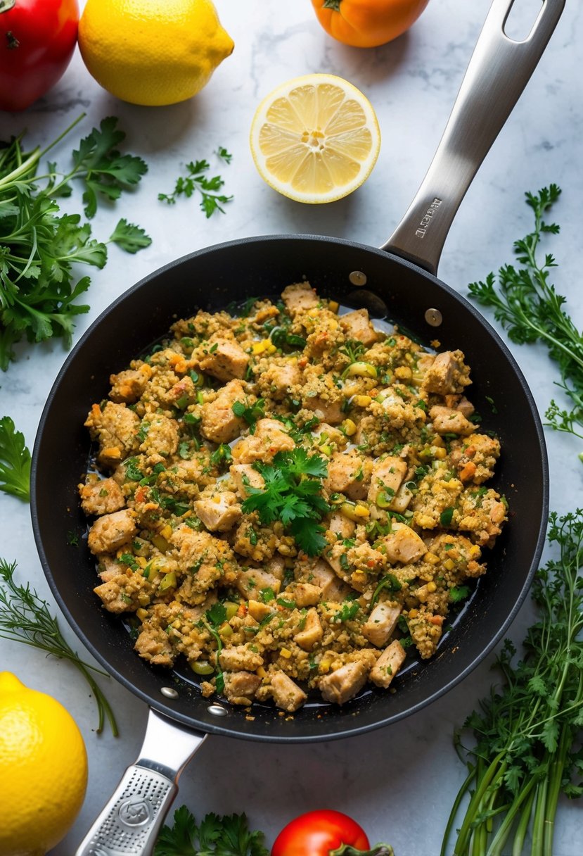 A skillet sizzling with lemon herb ground chicken surrounded by colorful vegetables and aromatic herbs