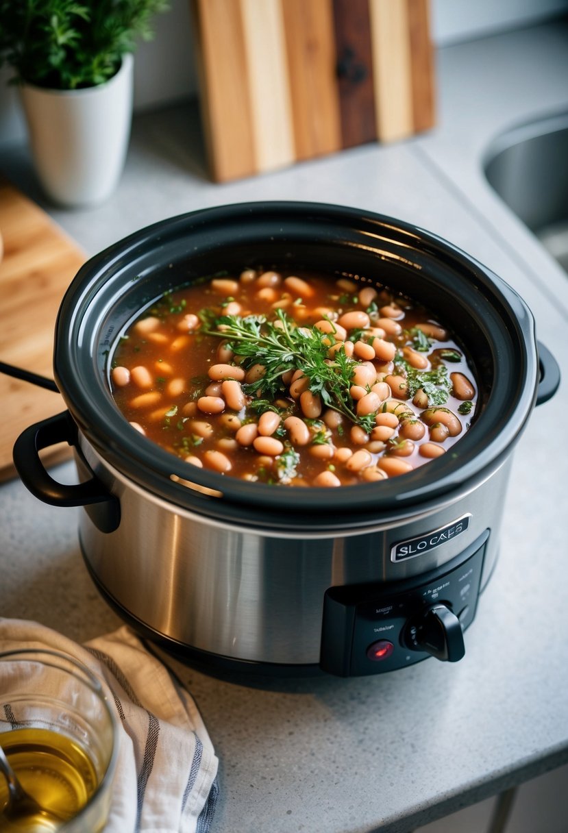 A slow cooker filled with simmering beans and herbs on a kitchen counter