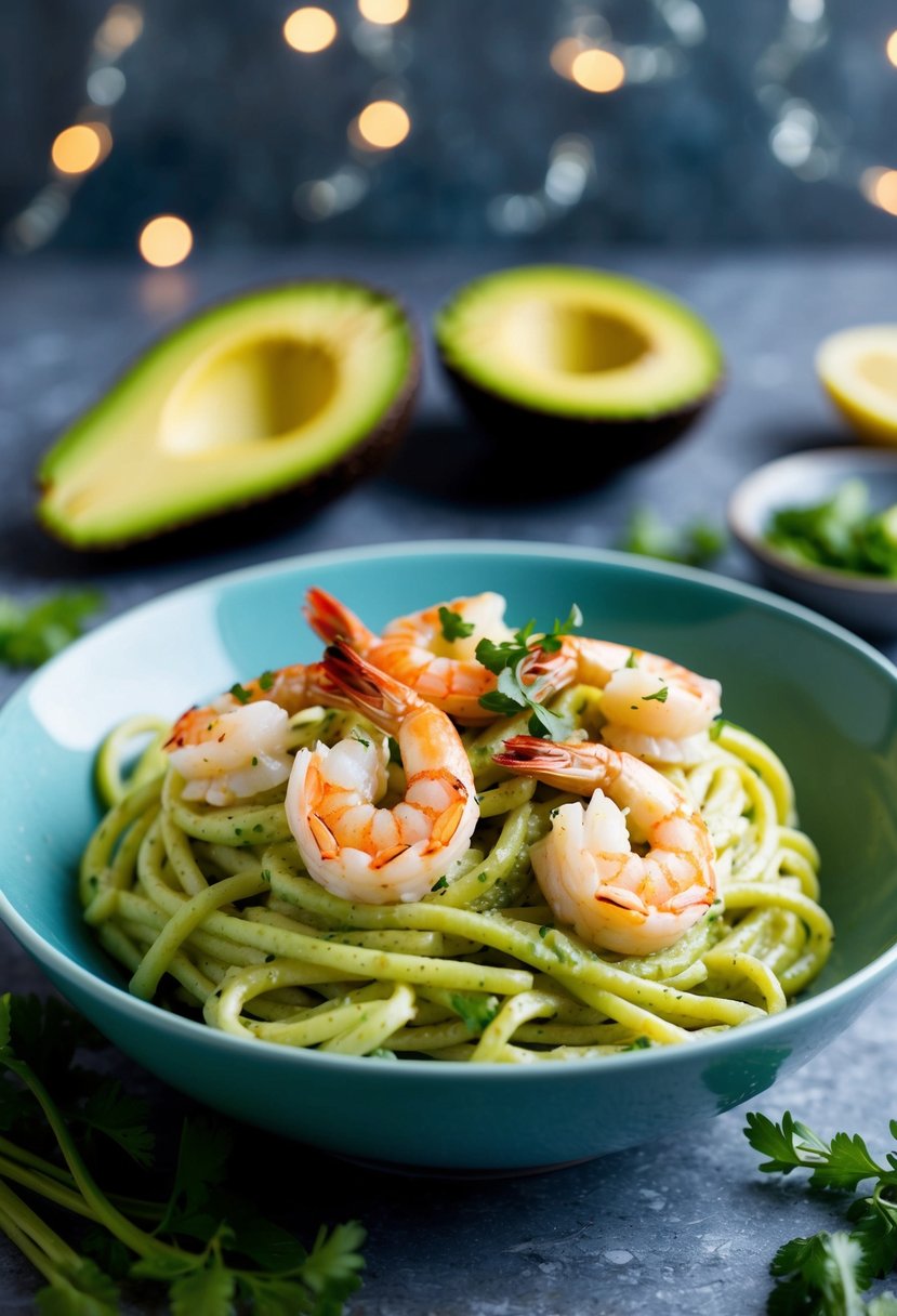 A bowl of creamy avocado pesto pasta topped with succulent shrimp and garnished with fresh herbs