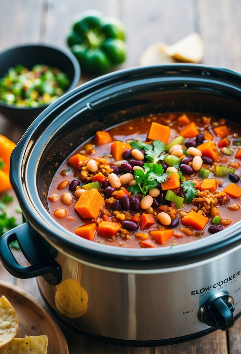 A bubbling slow cooker filled with colorful vegetables, beans, and savory spices simmering together to create a hearty vegetarian chili