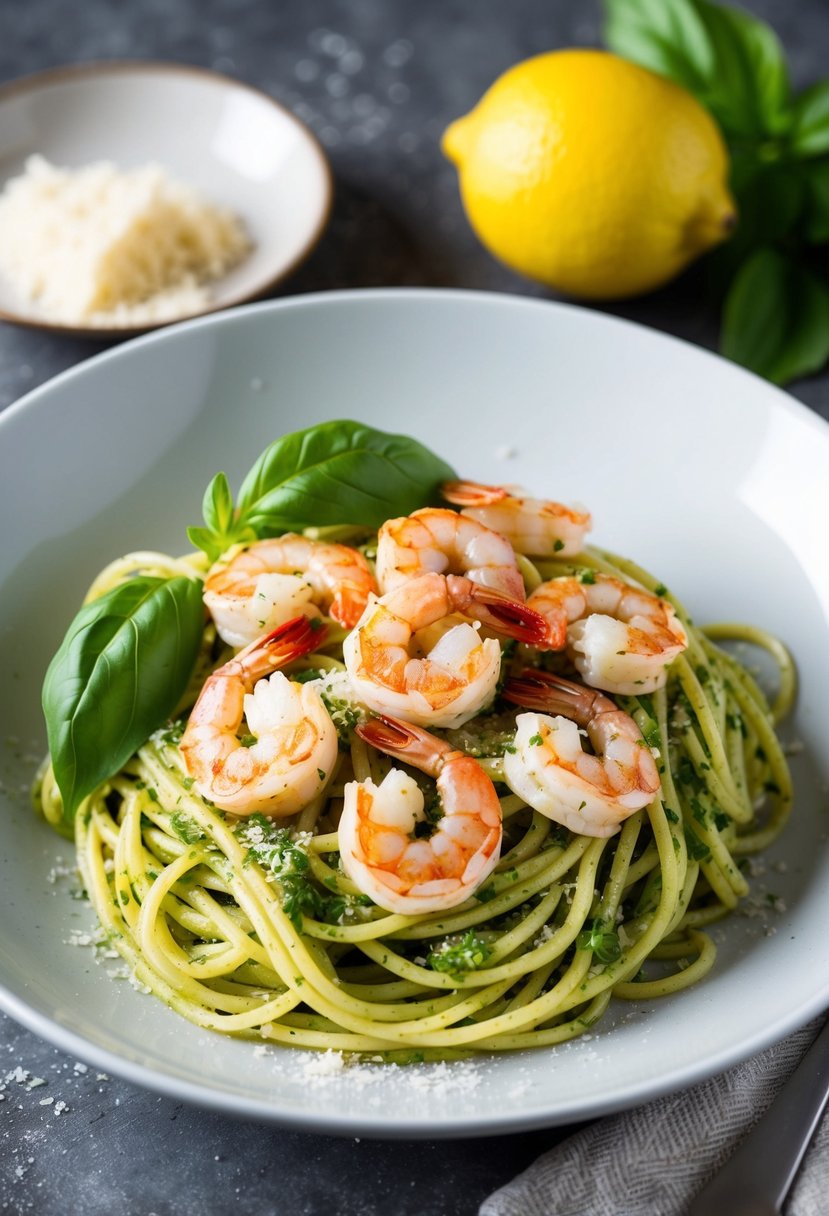 A plate of Lemon Basil Pesto Shrimp Spaghetti with fresh basil and shrimp on a bed of pesto-coated pasta, garnished with a sprinkle of parmesan cheese