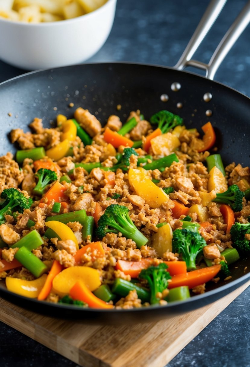 A sizzling skillet of colorful vegetables and ground chicken stir-frying together in a wok