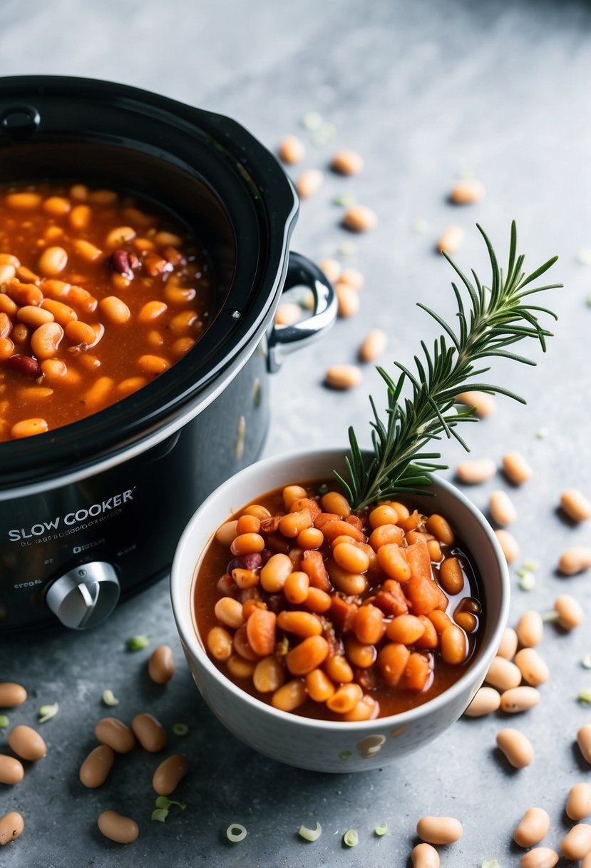 A slow cooker filled with maple baked beans, surrounded by scattered beans and a sprig of fresh rosemary