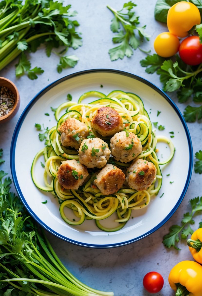 A colorful plate of zucchini noodles topped with healthy chicken meatballs, surrounded by fresh herbs and vibrant vegetables