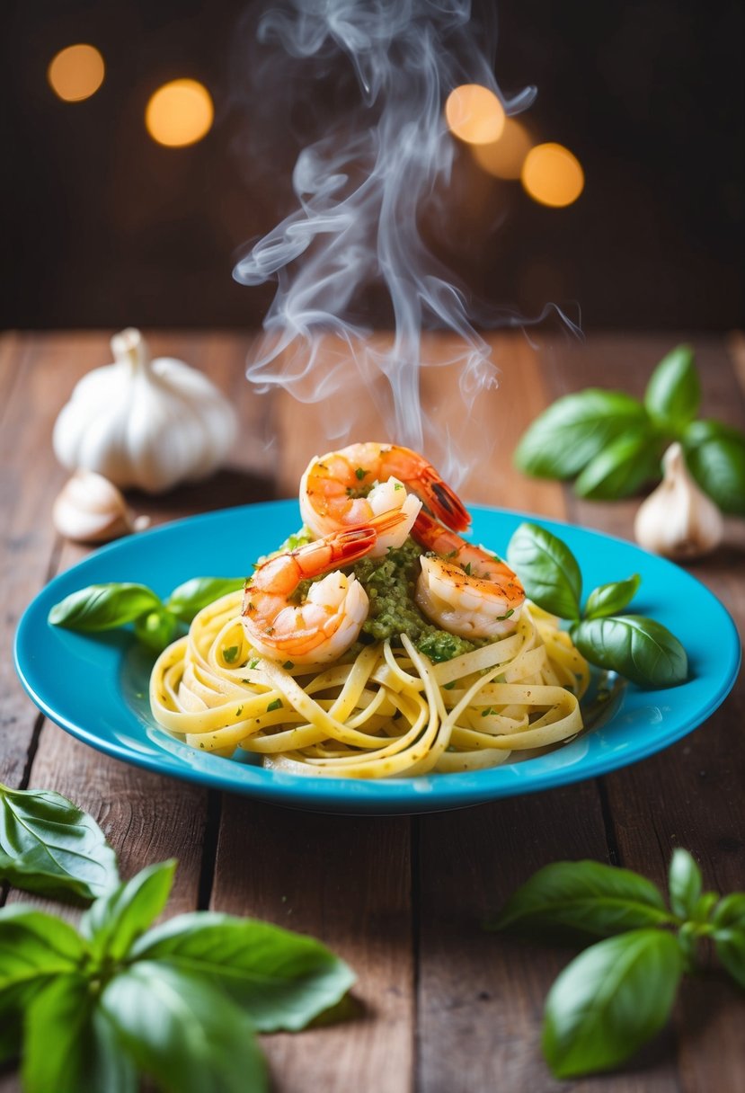 A steaming plate of linguine topped with spicy pesto shrimp, surrounded by fresh basil leaves and garlic cloves