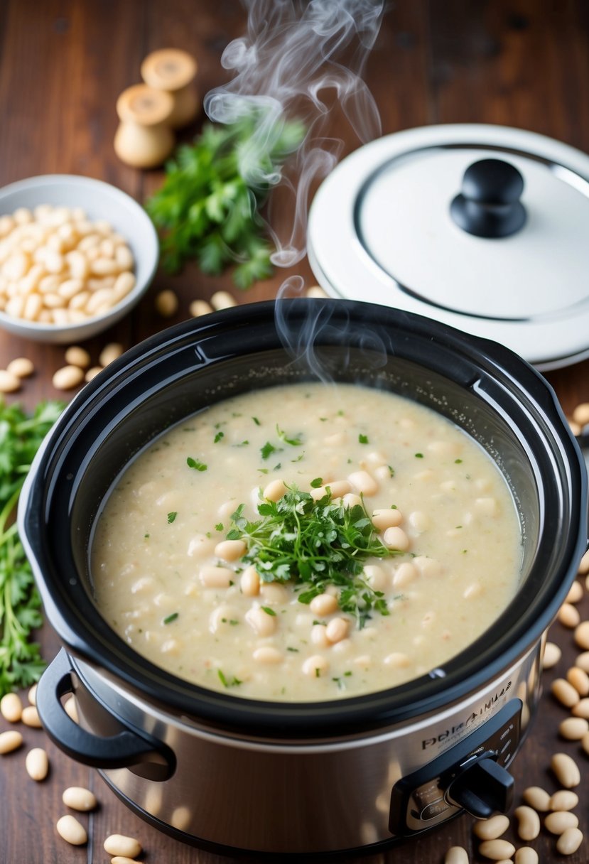 A steaming slow cooker filled with creamy white bean soup, surrounded by scattered beans and fresh herbs