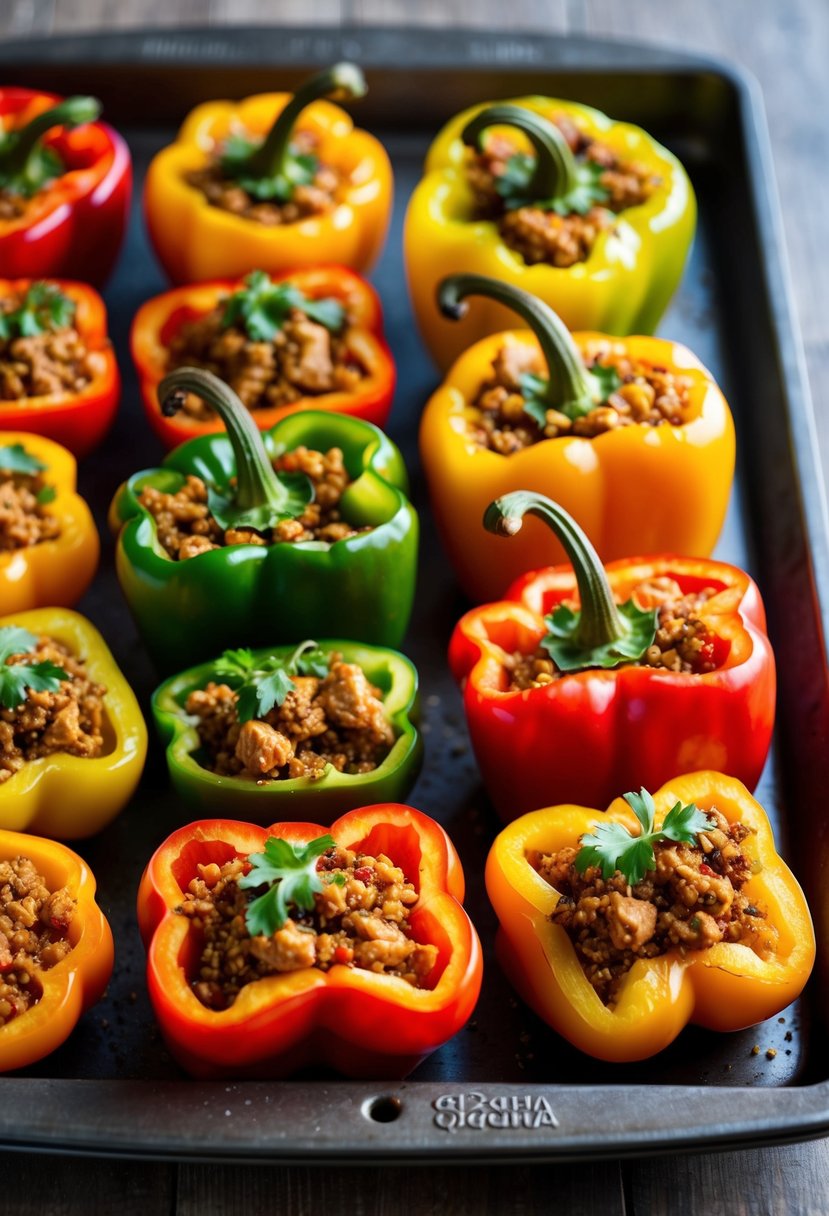 A colorful array of bell peppers, filled with a mixture of ground chicken and quinoa, sitting on a baking tray