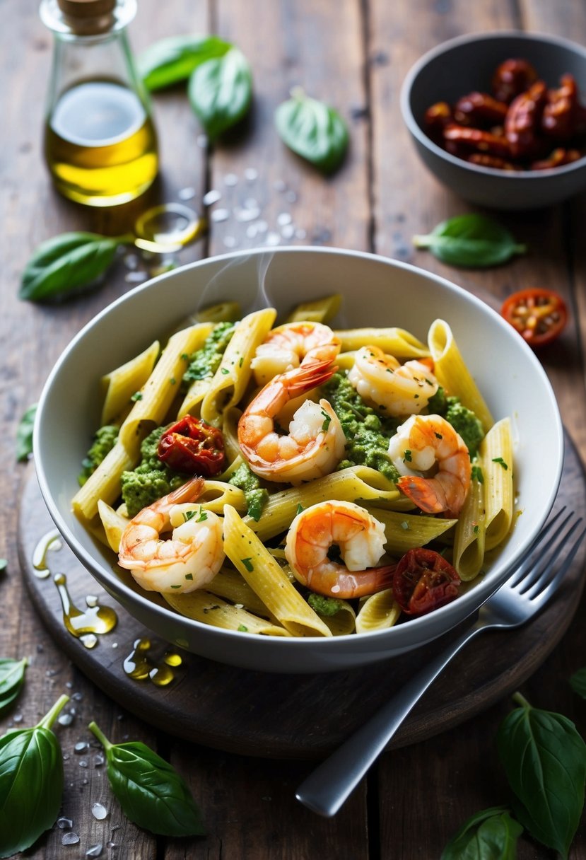 A steaming bowl of pesto shrimp penne with sun-dried tomatoes sits on a rustic wooden table, surrounded by scattered basil leaves and a drizzle of olive oil