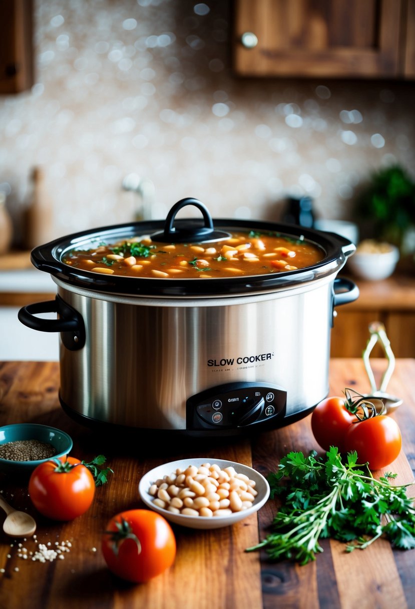 A rustic kitchen with a slow cooker simmering Tuscan white bean stew on a wooden countertop. Ingredients like beans, tomatoes, and herbs are scattered around