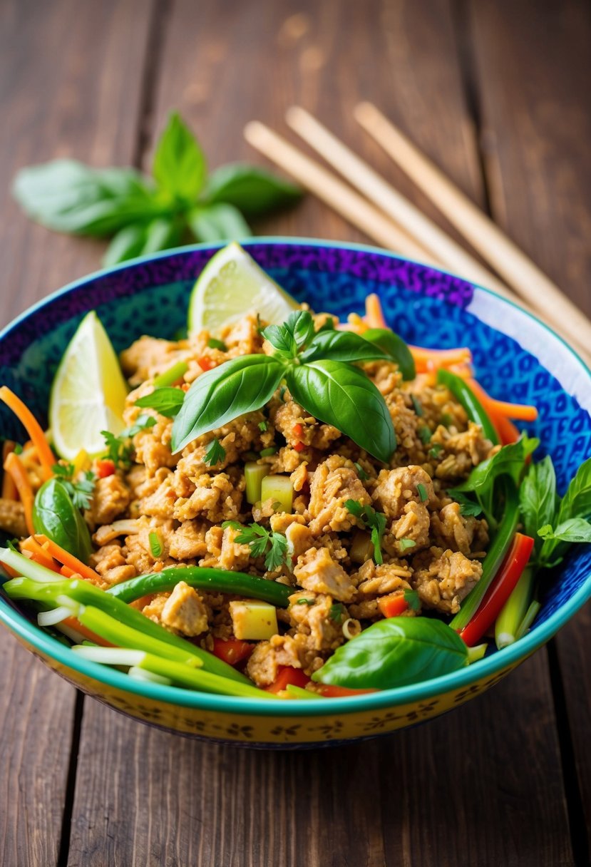 A colorful bowl filled with Thai basil ground chicken, mixed with fresh vegetables and herbs, sitting on a wooden table