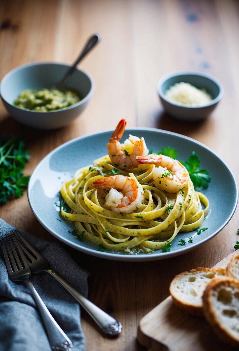 A steaming plate of garlic pesto shrimp fettuccine, garnished with fresh herbs and served with a side of crusty bread