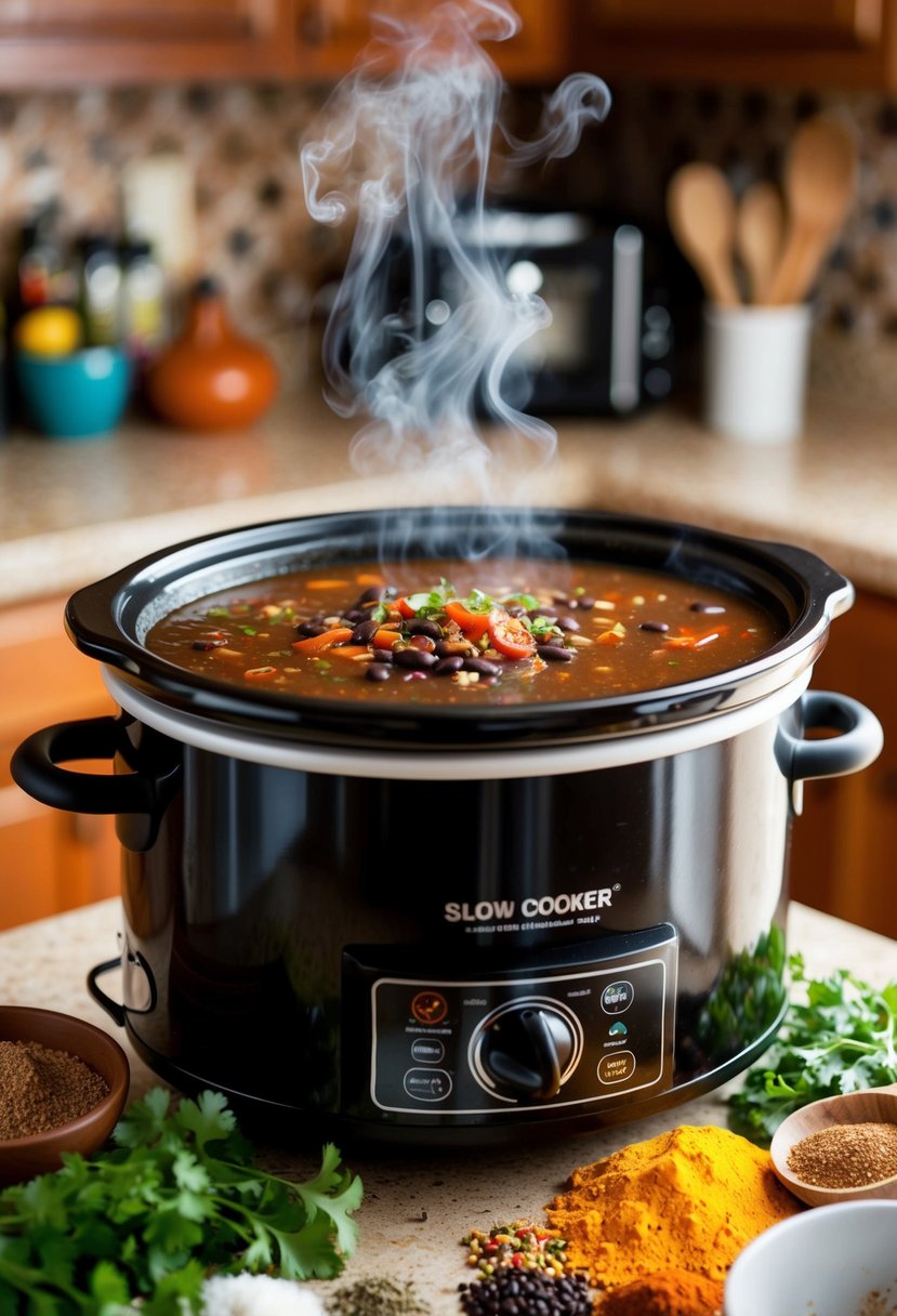 A slow cooker sits on a kitchen counter, filled with bubbling Mexican black bean soup. Steam rises from the pot, and a colorful array of spices and herbs surround it