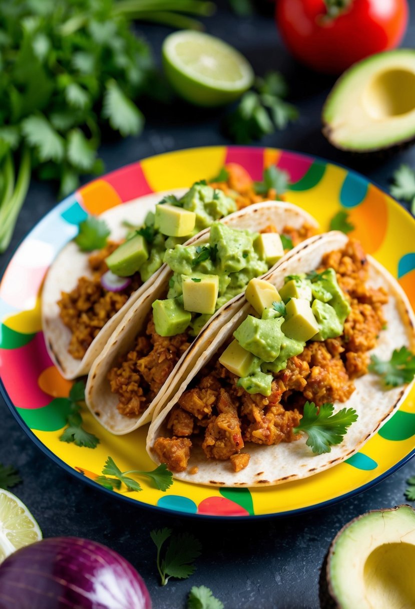 A colorful plate of ground chicken tacos topped with vibrant avocado salsa, surrounded by fresh ingredients and herbs