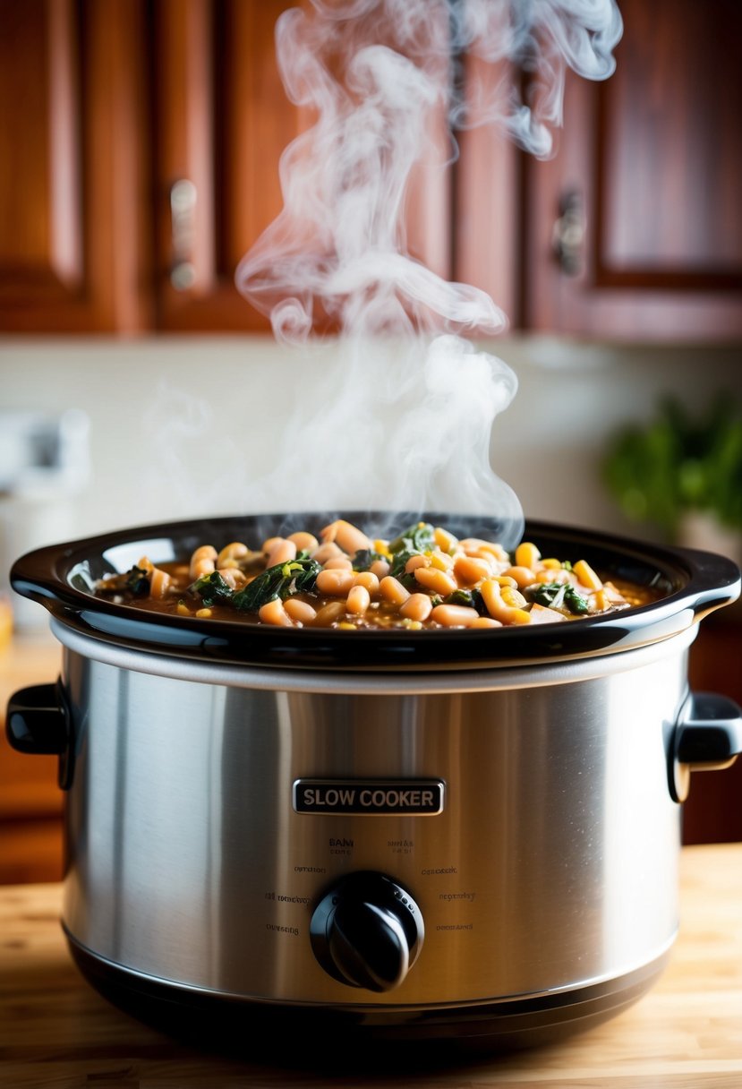 A slow cooker sits on a kitchen counter, filled with a bubbling savory bean and spinach casserole. Steam rises from the hearty dish, filling the room with a delicious aroma