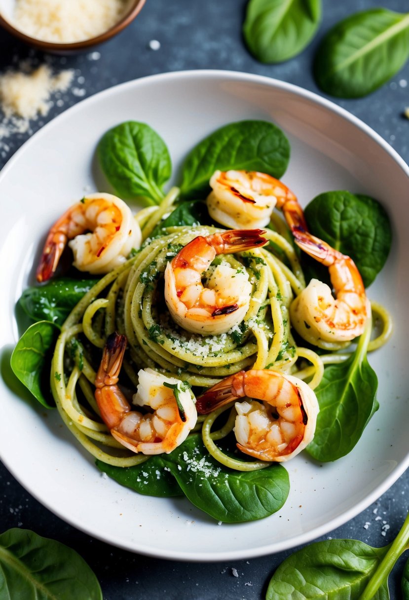 A plate of pesto pasta with grilled shrimp, surrounded by fresh spinach leaves and a sprinkle of parmesan cheese