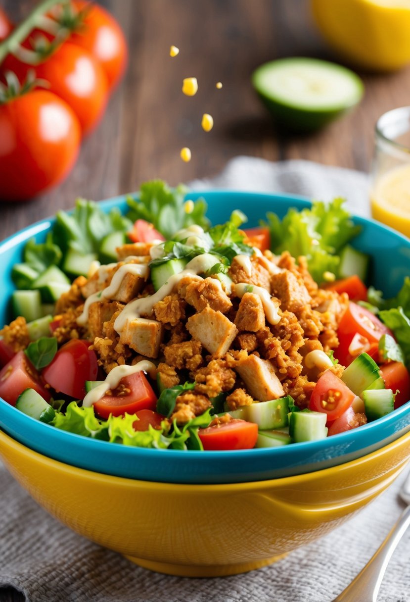 A colorful bowl filled with chopped tomatoes, cucumbers, and lettuce, topped with seasoned ground chicken and drizzled with a light vinaigrette