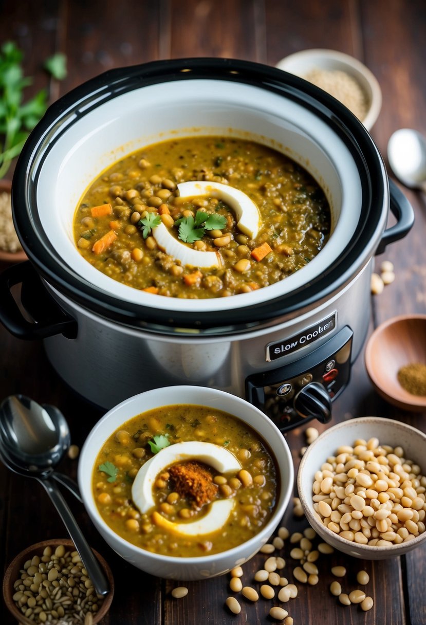 A slow cooker filled with coconut curry lentil soup surrounded by beans and spices