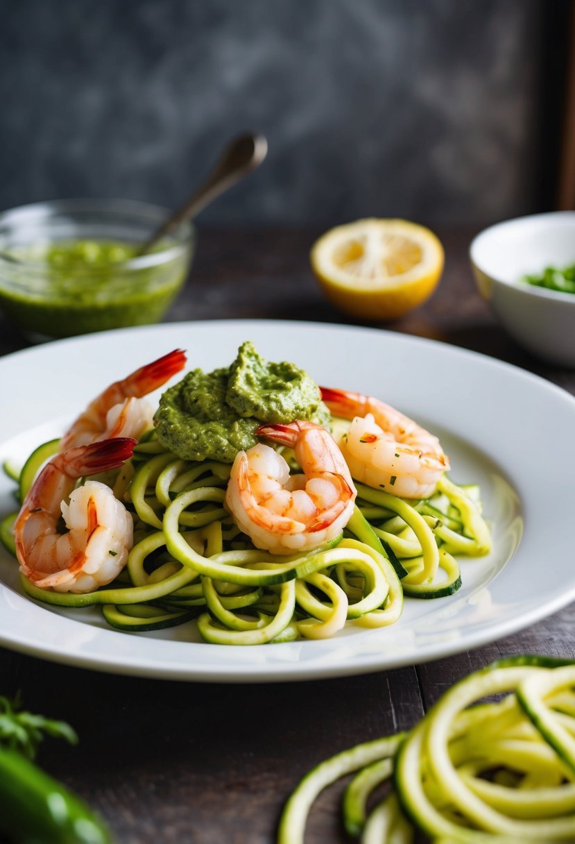 A plate of Pesto Shrimp and Zucchini Noodles with vibrant green pesto sauce, succulent shrimp, and spiralized zucchini noodles arranged in an appetizing display