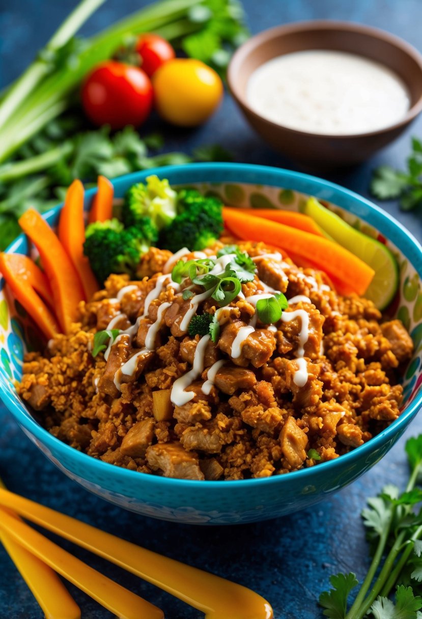 A colorful bowl filled with ground chicken teriyaki, surrounded by vibrant vegetables and a drizzle of sauce