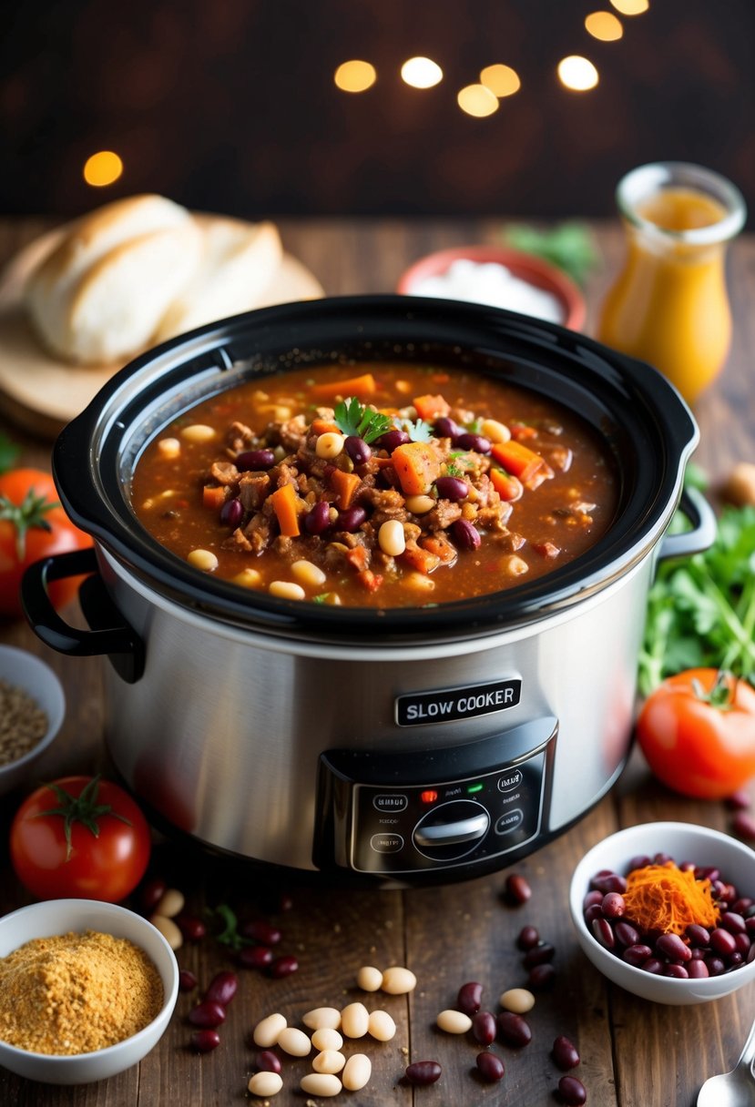 A slow cooker simmering with three-bean turkey chili, surrounded by ingredients like beans, tomatoes, and spices