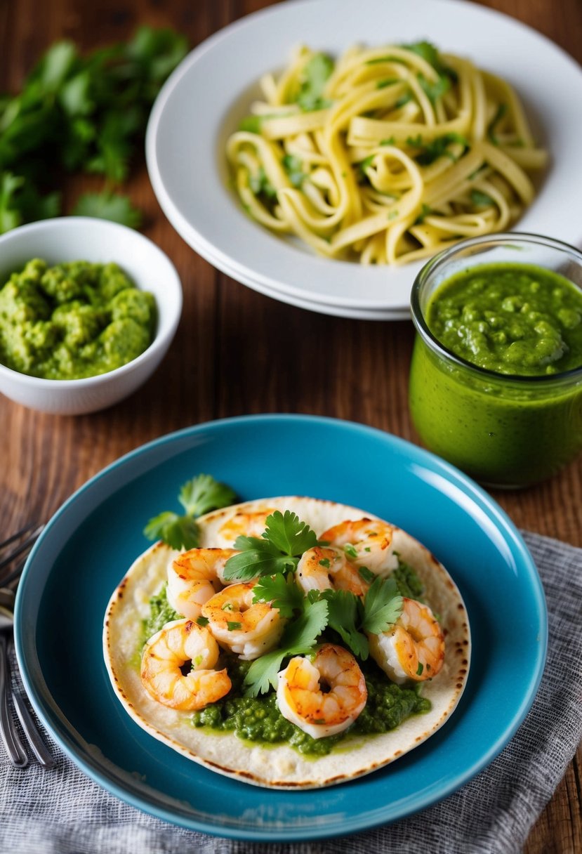 A plate of cilantro pesto shrimp tacos and a bowl of pesto pasta on a wooden table