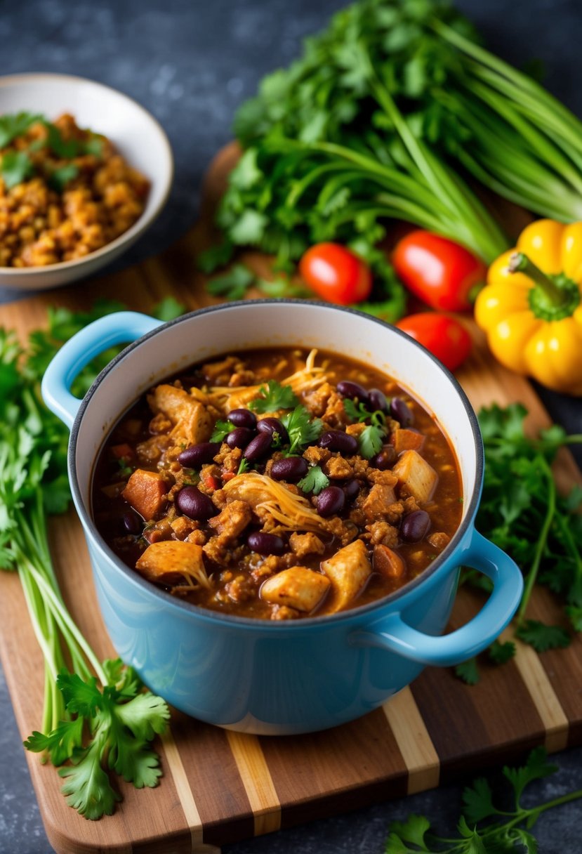 A simmering pot of ground chicken chili with black beans, surrounded by fresh vegetables and herbs on a wooden cutting board