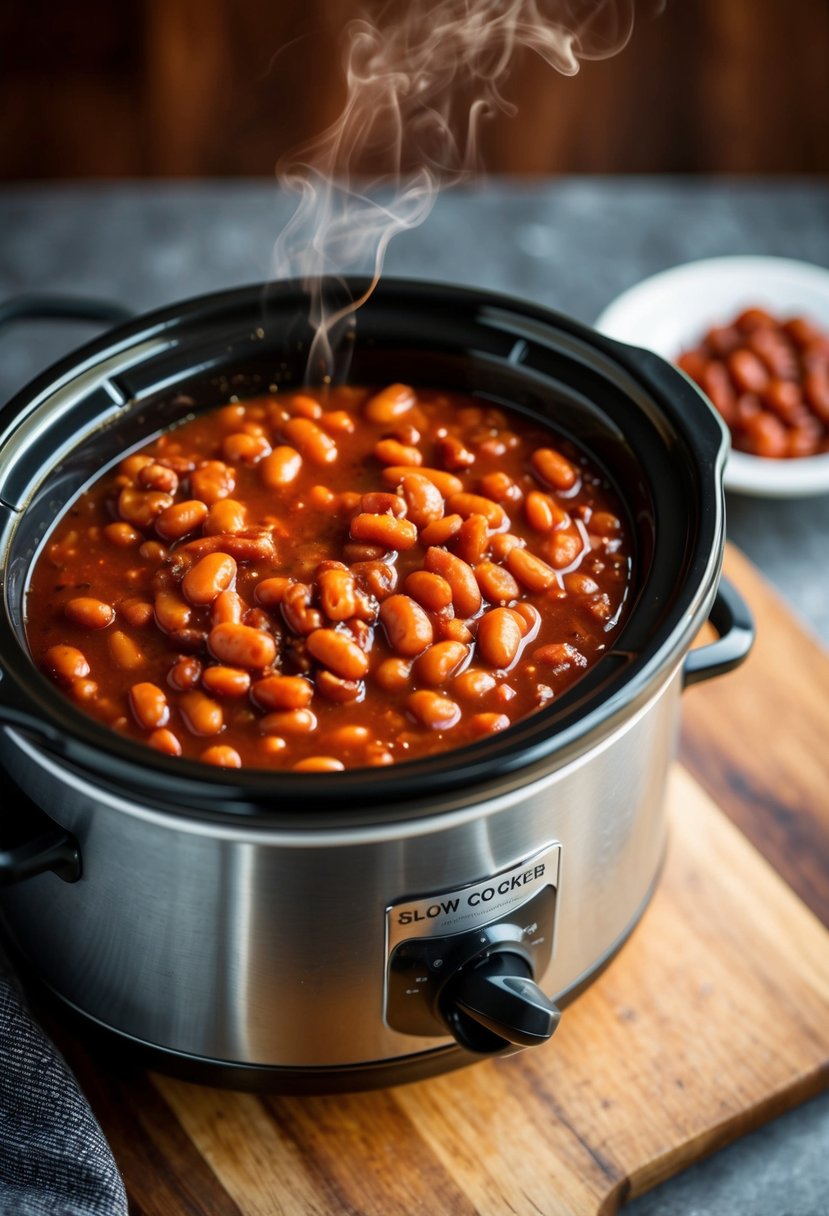 A slow cooker filled with barbecue baked beans simmering and emitting a savory aroma