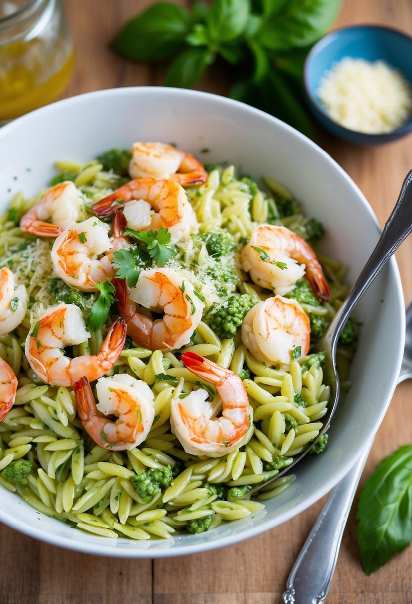 A vibrant bowl of orzo salad with succulent shrimp, tossed in a basil pesto sauce, garnished with fresh herbs and grated cheese